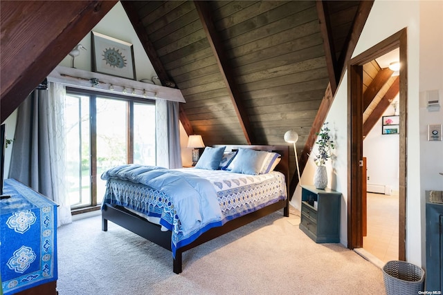 carpeted bedroom with wooden ceiling and lofted ceiling with beams