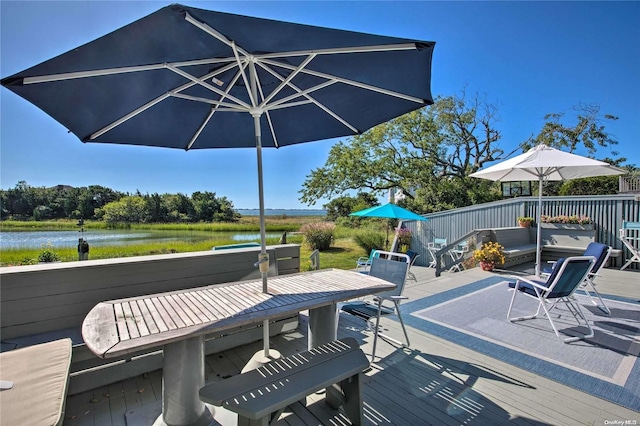 view of patio with a deck with water view