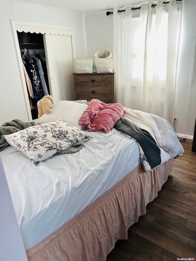 bedroom with dark hardwood / wood-style flooring and a closet