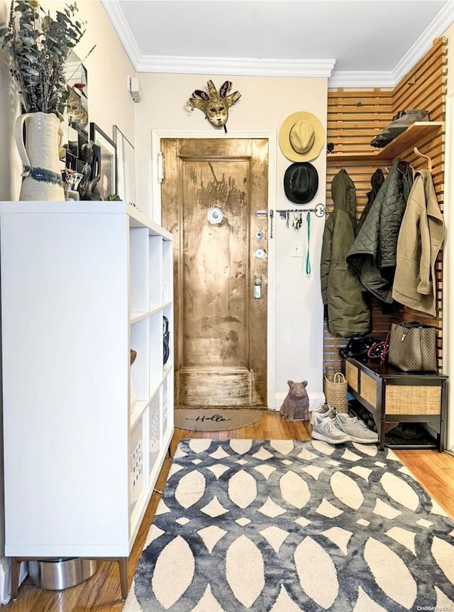 mudroom featuring ornamental molding and hardwood / wood-style flooring