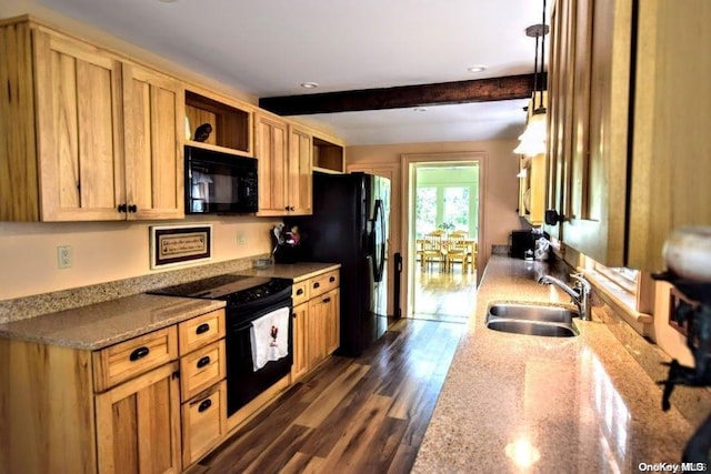 kitchen featuring light stone countertops, dark wood-type flooring, sink, black appliances, and beam ceiling