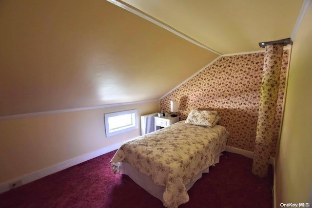 carpeted bedroom featuring ornamental molding, radiator heating unit, and lofted ceiling