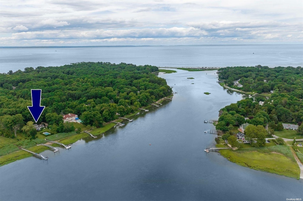 aerial view featuring a water view