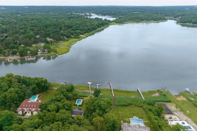 bird's eye view with a water view