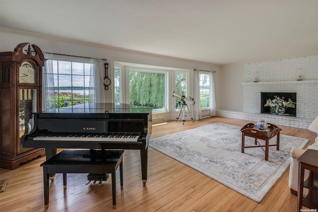 miscellaneous room featuring light wood-type flooring and a brick fireplace