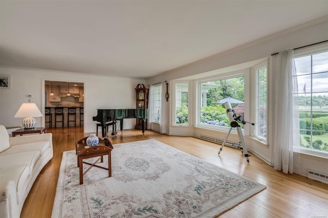 living room featuring hardwood / wood-style flooring and ornamental molding