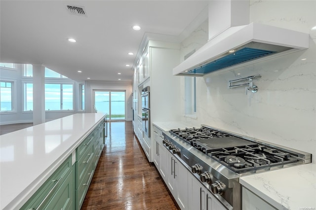 kitchen featuring dark wood-type flooring, stainless steel appliances, tasteful backsplash, green cabinets, and custom range hood