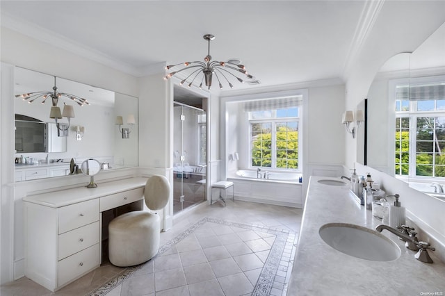 bathroom with tile patterned floors, vanity, shower with separate bathtub, and crown molding