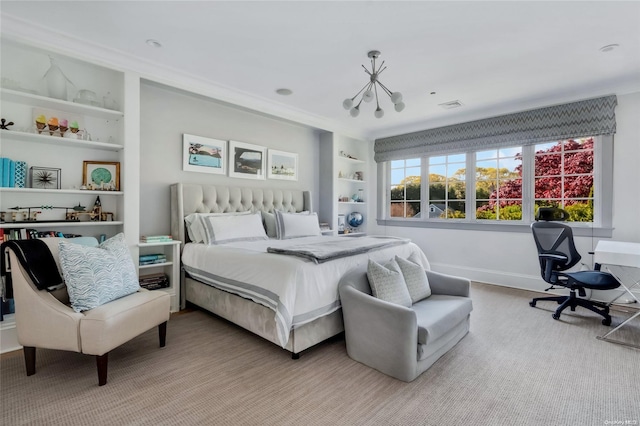 bedroom with carpet flooring and an inviting chandelier