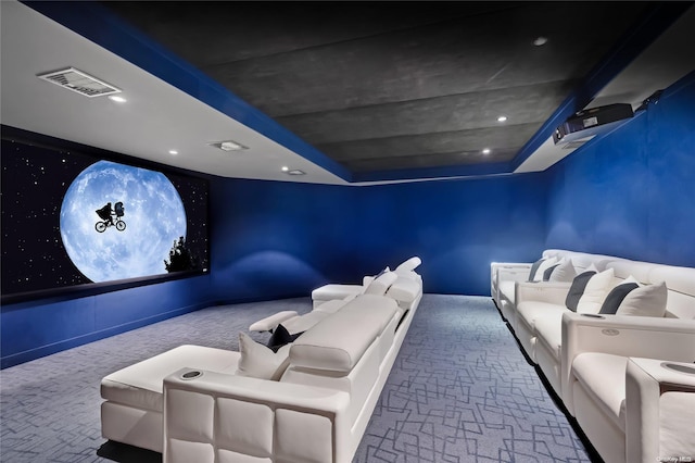 home theater room featuring carpet flooring