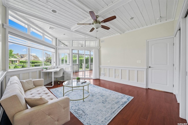 living room with dark hardwood / wood-style flooring, ceiling fan, plenty of natural light, and wood ceiling