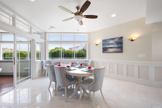 dining room with ceiling fan