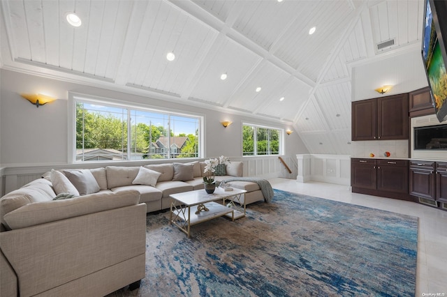 living room featuring wood ceiling and high vaulted ceiling