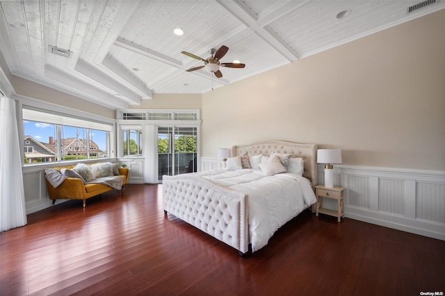 bedroom with dark hardwood / wood-style floors, ceiling fan, and wood ceiling