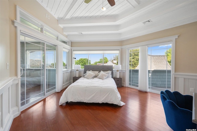 bedroom featuring access to exterior, ceiling fan, wood-type flooring, and ornamental molding