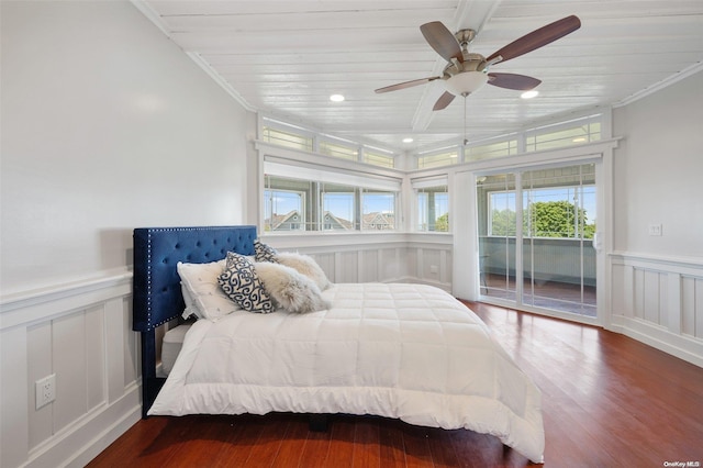 bedroom with access to exterior, hardwood / wood-style flooring, ceiling fan, and ornamental molding