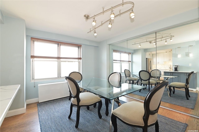 dining area with rail lighting, light hardwood / wood-style flooring, and a wealth of natural light