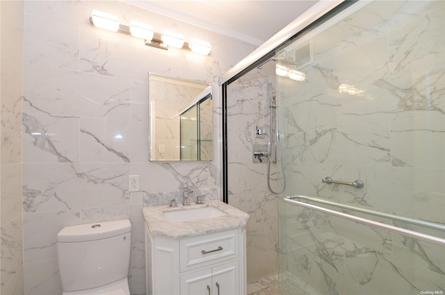 bathroom with vanity, walk in shower, and tile walls