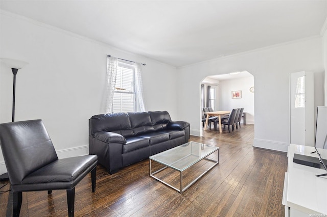 living room featuring dark hardwood / wood-style floors and crown molding