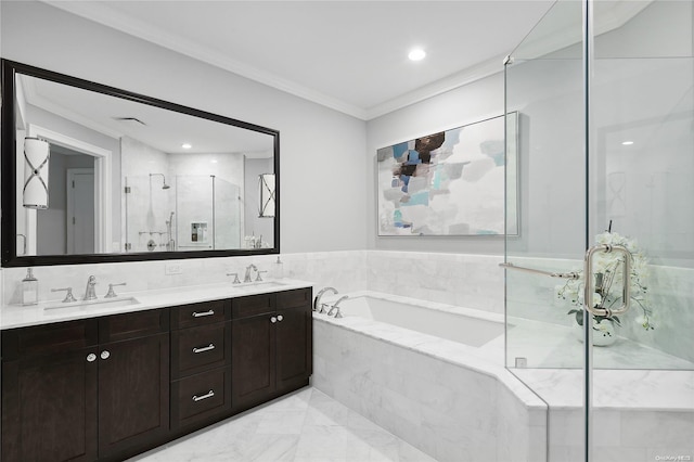 bathroom featuring vanity, crown molding, and plus walk in shower