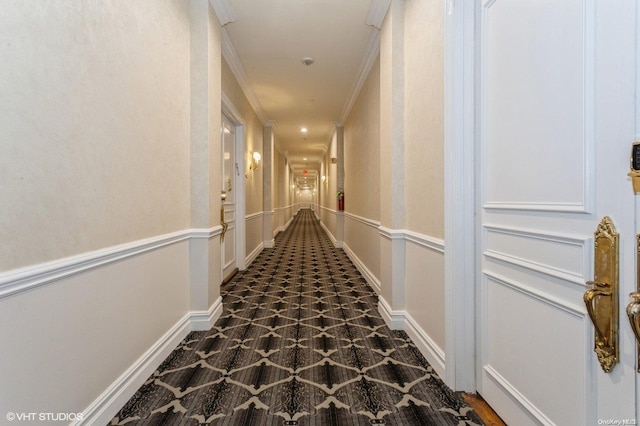 260 Central Ave Unit 430, Lawrence, NY 11559 - corridor featuring crown molding, baseboards, and dark floors