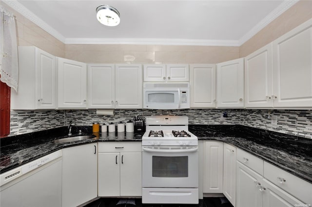 kitchen with sink, white cabinets, white appliances, and ornamental molding