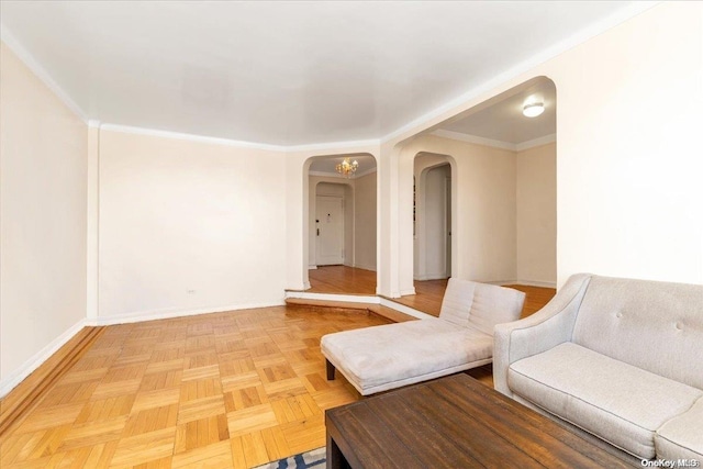 interior space with crown molding and light parquet flooring