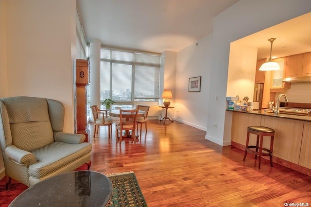 living area with light wood-type flooring, floor to ceiling windows, and sink