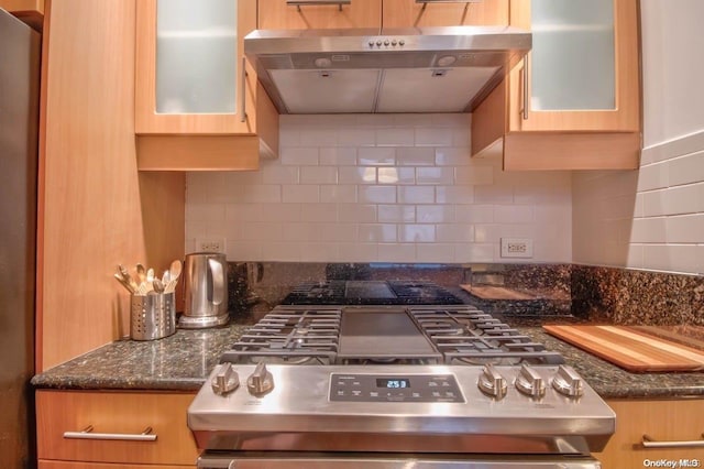 kitchen with tasteful backsplash, stainless steel stove, and dark stone counters