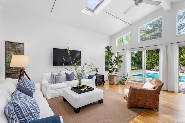 living room with ceiling fan, plenty of natural light, high vaulted ceiling, and wood-type flooring