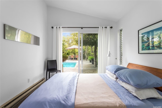 bedroom featuring access to exterior and lofted ceiling