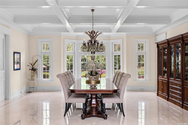 dining area with beamed ceiling, an inviting chandelier, and coffered ceiling