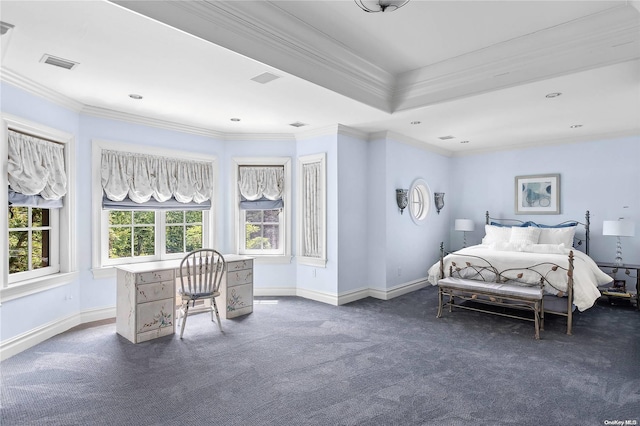 carpeted bedroom with crown molding