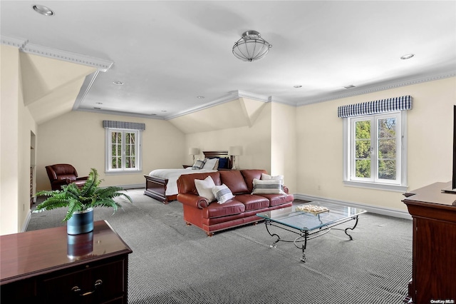 bedroom featuring multiple windows, crown molding, carpet floors, and vaulted ceiling