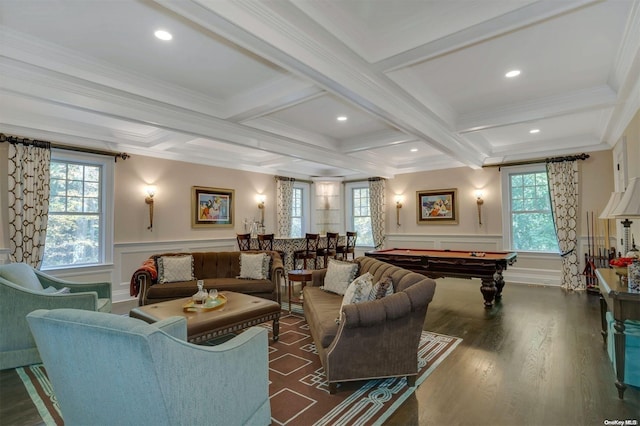 recreation room with dark hardwood / wood-style flooring, a wealth of natural light, crown molding, and billiards