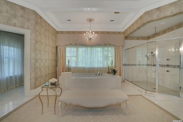 bathroom with ornamental molding, plus walk in shower, and a chandelier