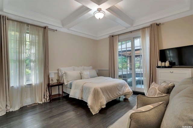 bedroom featuring beam ceiling, access to outside, multiple windows, and dark wood-type flooring