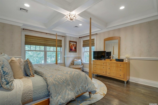 bedroom with beam ceiling, multiple windows, dark wood-type flooring, and ornamental molding