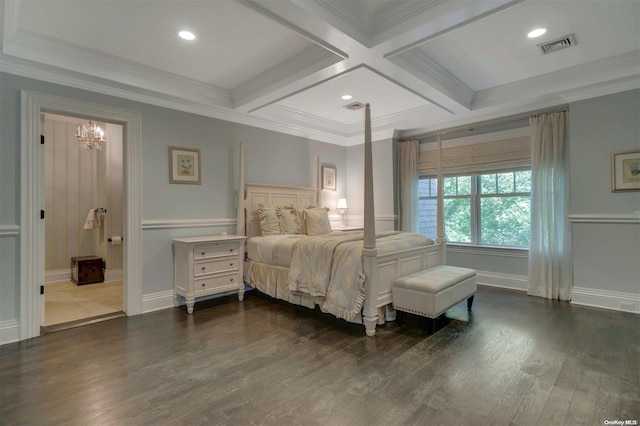 bedroom featuring dark wood-type flooring, an inviting chandelier, coffered ceiling, crown molding, and beamed ceiling