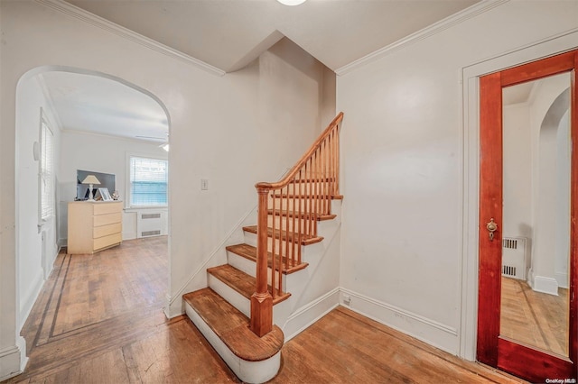 stairway featuring wood-type flooring, radiator, ornamental molding, and ceiling fan