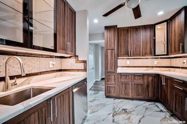 6 George Ave, Hicksville, NY 11801 - kitchen with dishwasher, a ceiling fan, backsplash, light stone countertops, and recessed lighting