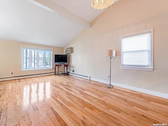 unfurnished living room featuring high vaulted ceiling, an inviting chandelier, baseboard heating, beamed ceiling, and light hardwood / wood-style floors