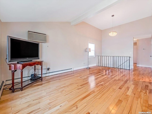 living room with a chandelier, lofted ceiling with beams, and light hardwood / wood-style floors