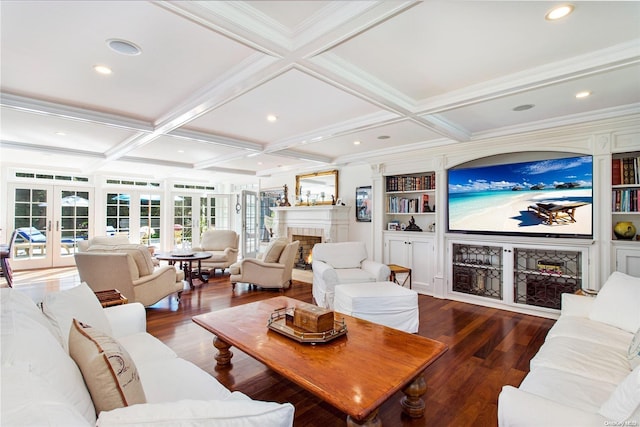 living room with french doors, beam ceiling, dark wood-type flooring, and coffered ceiling