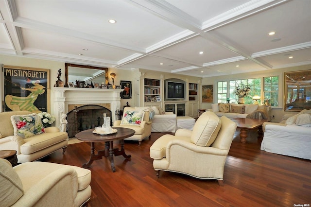 living room with beamed ceiling, dark hardwood / wood-style flooring, ornamental molding, and coffered ceiling