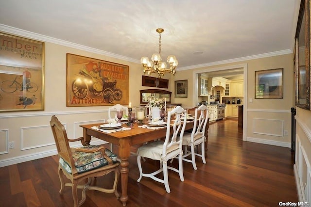 dining space featuring a chandelier, dark hardwood / wood-style flooring, and ornamental molding