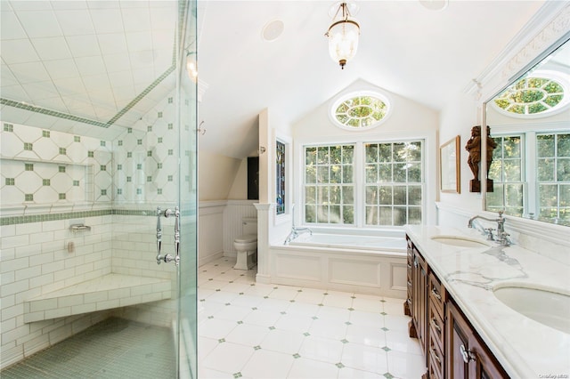 full bathroom with shower with separate bathtub, vanity, toilet, and plenty of natural light