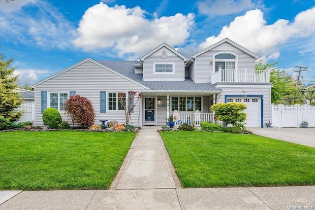 view of front of home with a porch, a balcony, a garage, and a front lawn