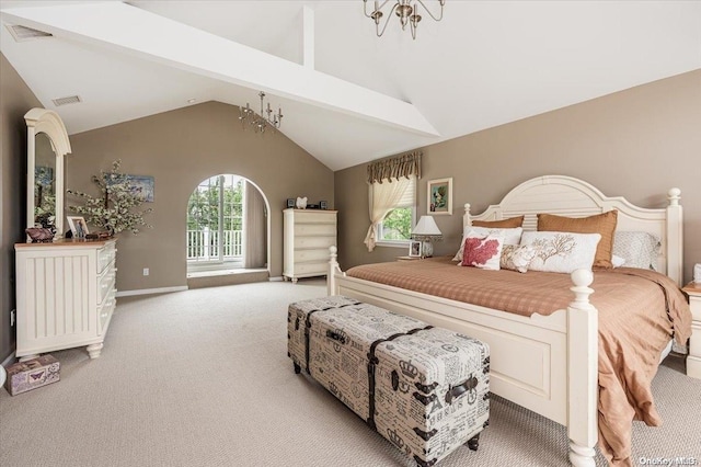 bedroom featuring a chandelier, lofted ceiling with beams, light colored carpet, and multiple windows