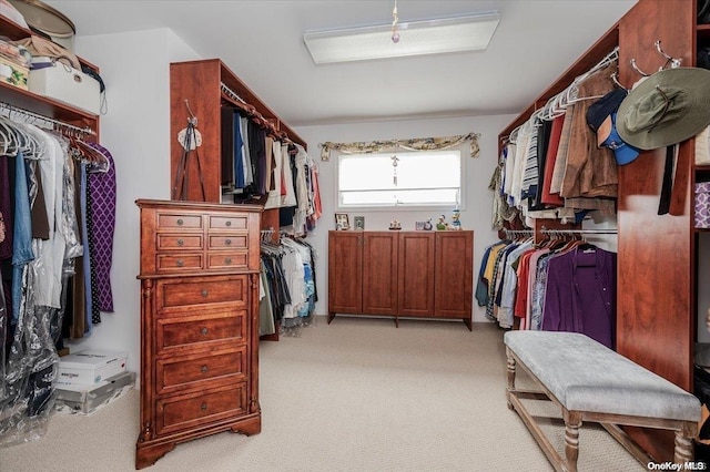 walk in closet with light colored carpet